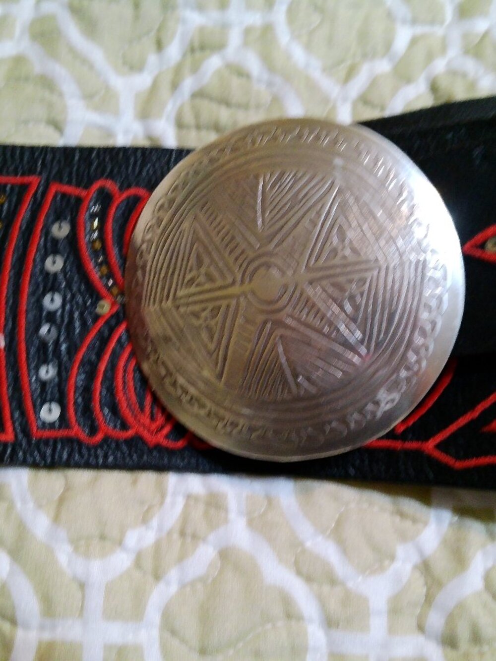 Vintage Chico's Tiki Tribal Black Leather Belt With Silver Buckle Red Embroidery